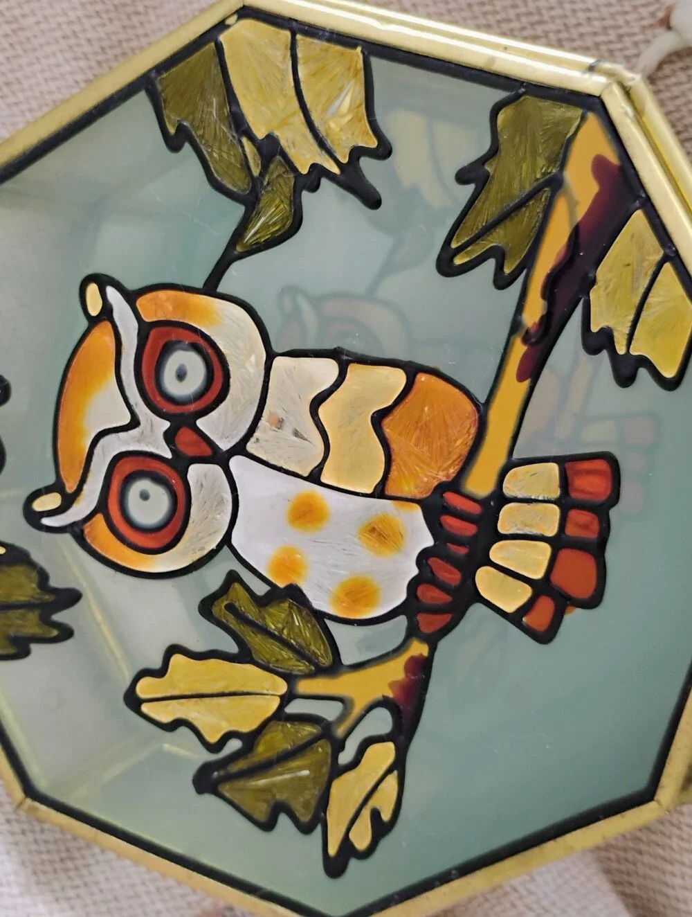 Vintage Jewelry Box Stained Glass Mirrored, Owl